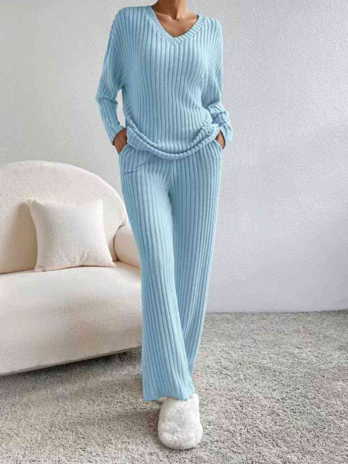 Ribbed V-Neck Long Sleeve Top and Pants Set - AllIn Computer