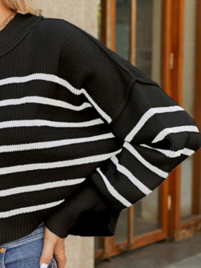 Round Neck Striped Lantern Sleeve Sweater - AllIn Computer