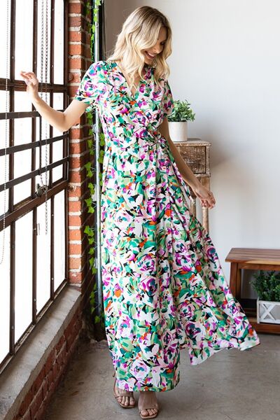 First Love Slit Printed Surplice Tie Waist Short Sleeve Dress - AllIn Computer