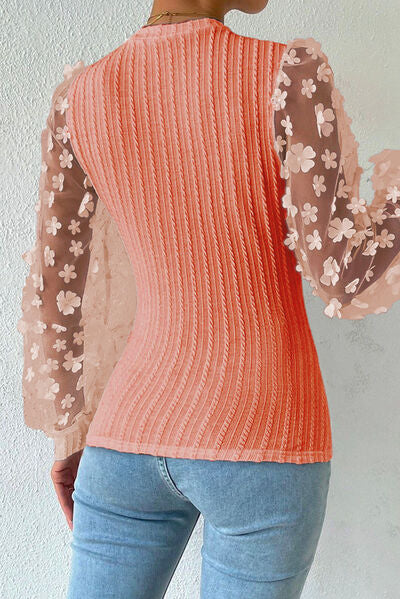 Double Take Textured Applique Long Sleeve Blouse - AllIn Computer