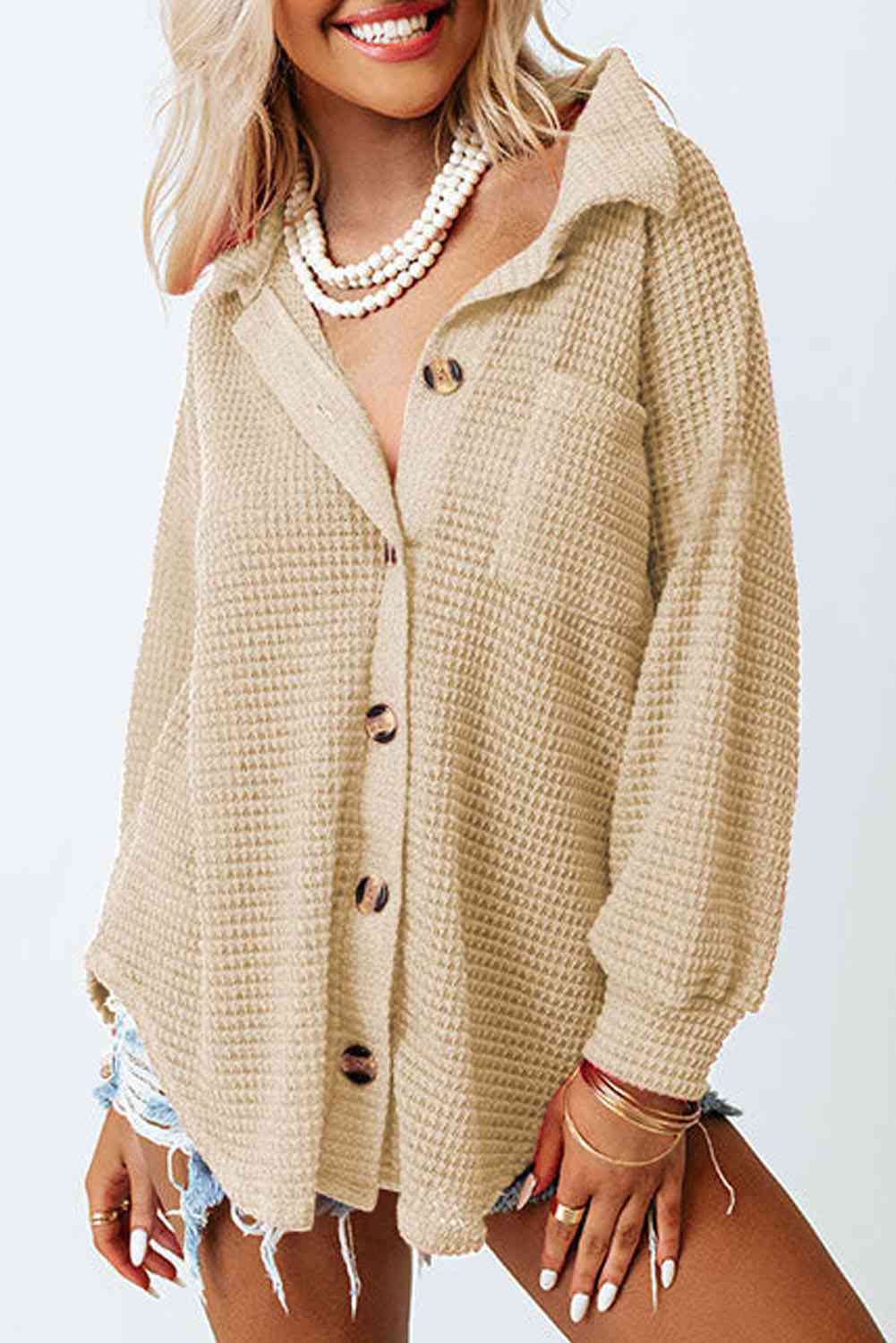 Waffle-Knit Button Up Long Sleeve Shirt with Pocket - AllIn Computer