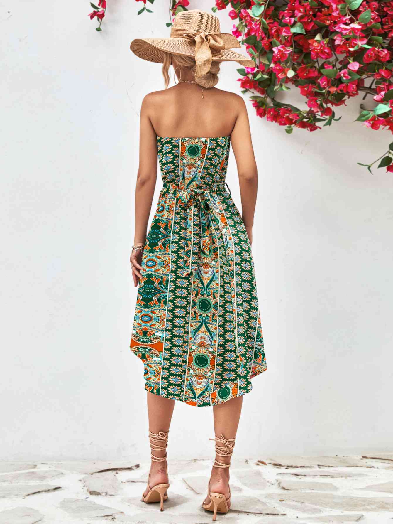 Printed Strapless Tie Belt Dress - AllIn Computer