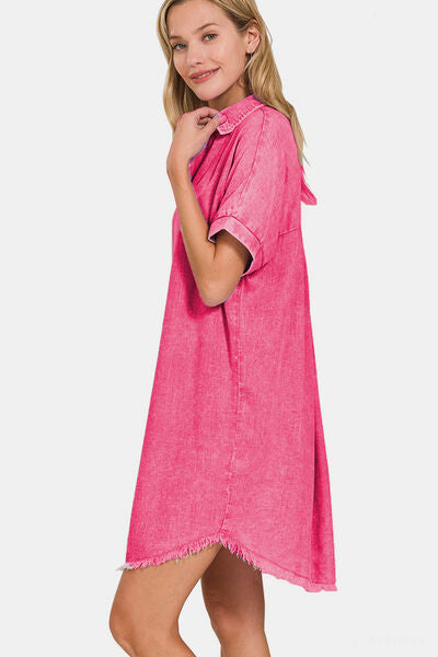 Zenana Washed Linen V-Neck Raw Hem Dress - AllIn Computer