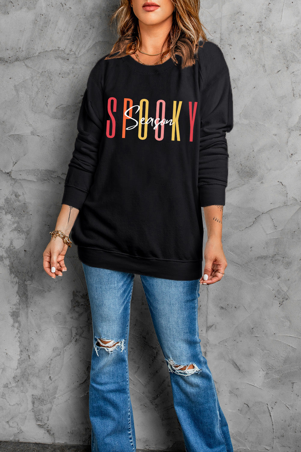 Round Neck Long Sleeve SPOOKY SEASON Graphic Sweatshirt - AllIn Computer