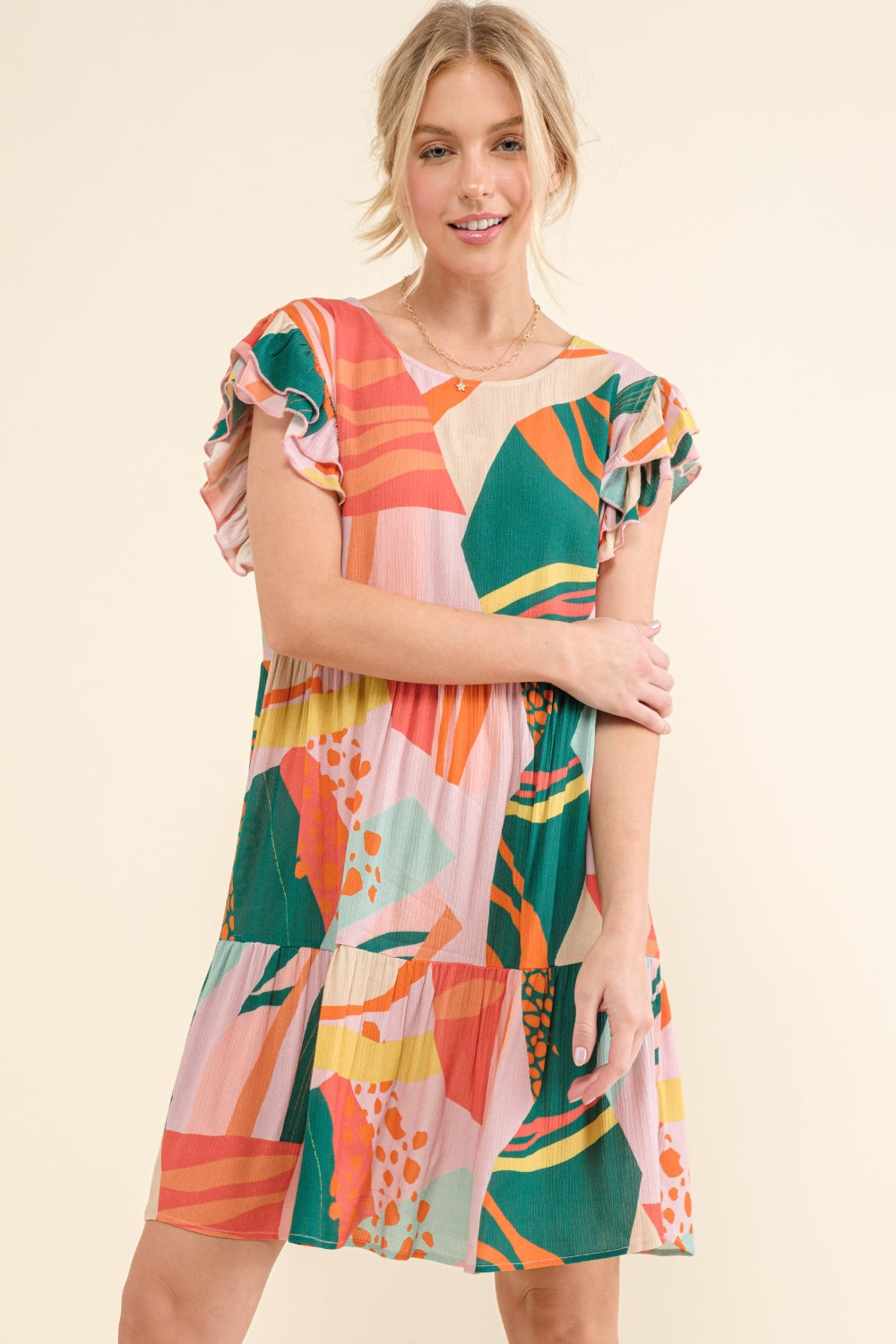 And The Why Printed Double Ruffle Sleeve Dress - AllIn Computer