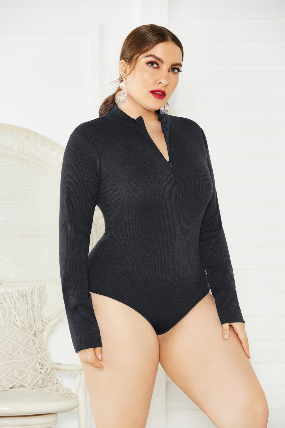 Plus Size Zip Up Long Sleeve Bodysuit - AllIn Computer