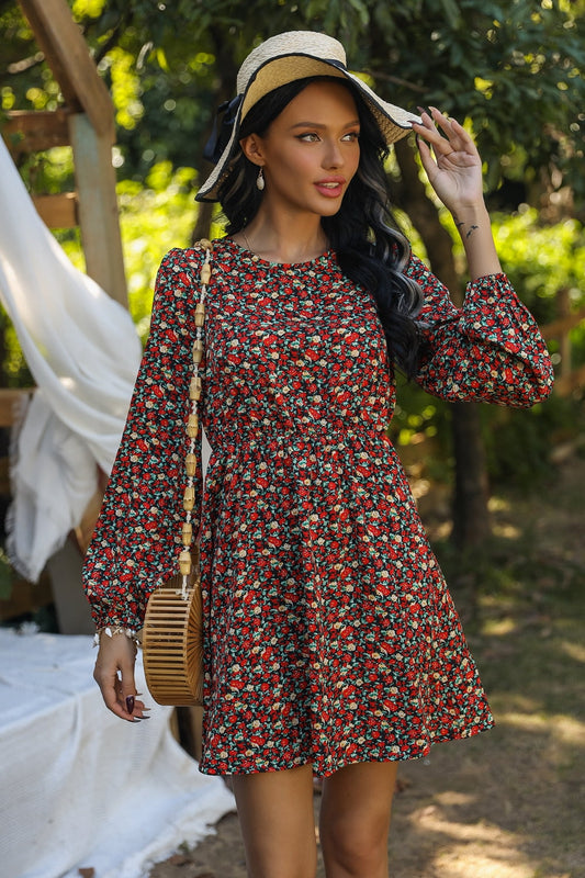 Printed Round Neck Long Sleeve Mini Dress - AllIn Computer