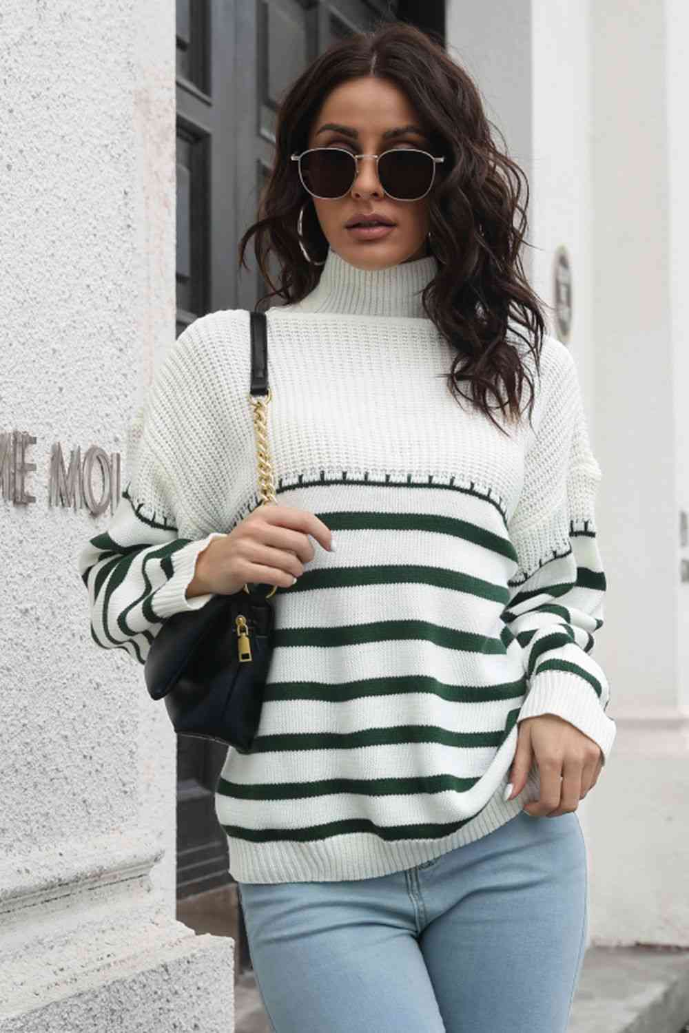 Striped Turtleneck Drop Shoulder Sweater - AllIn Computer