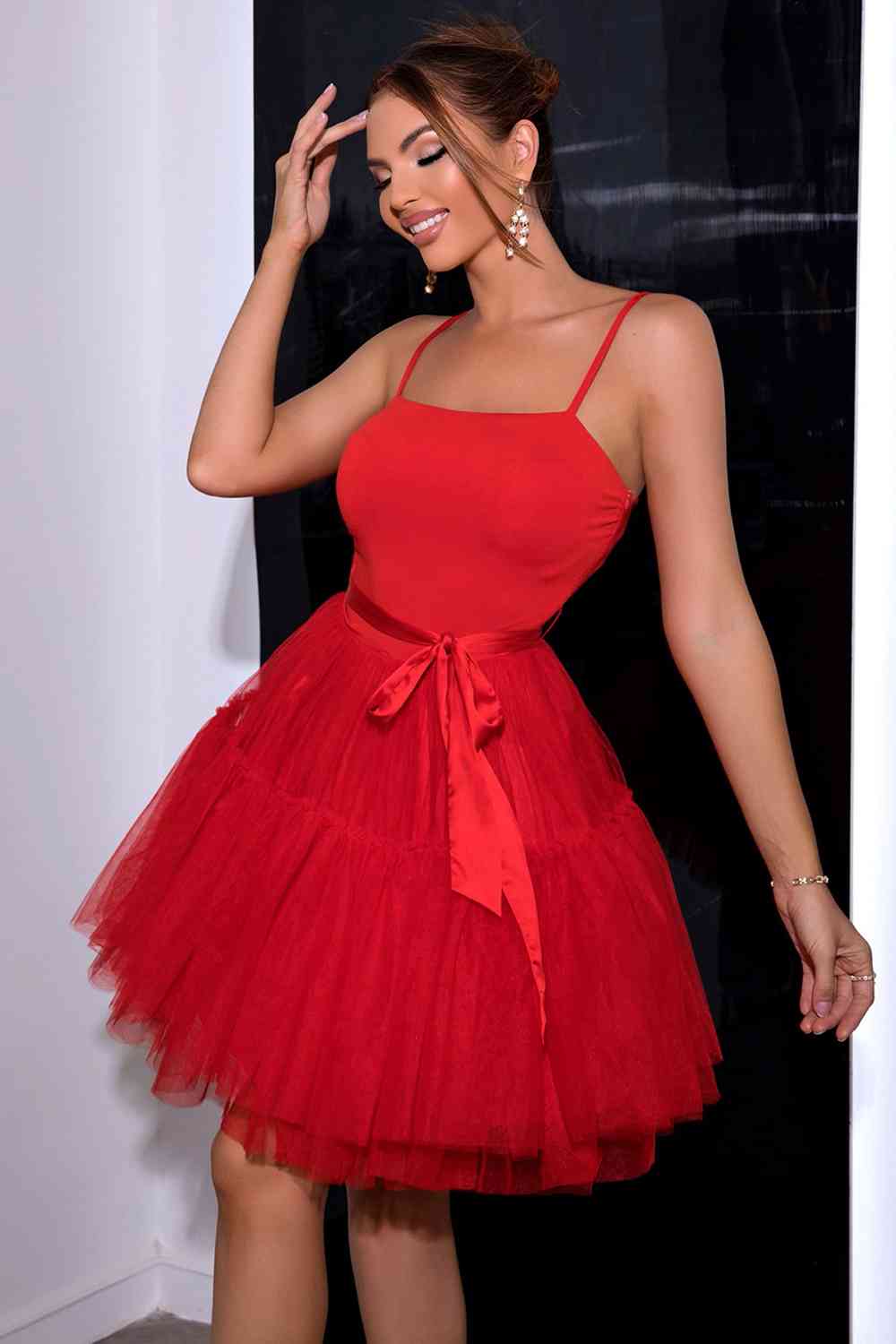 Spaghetti Strap Tied Mesh Dress - AllIn Computer