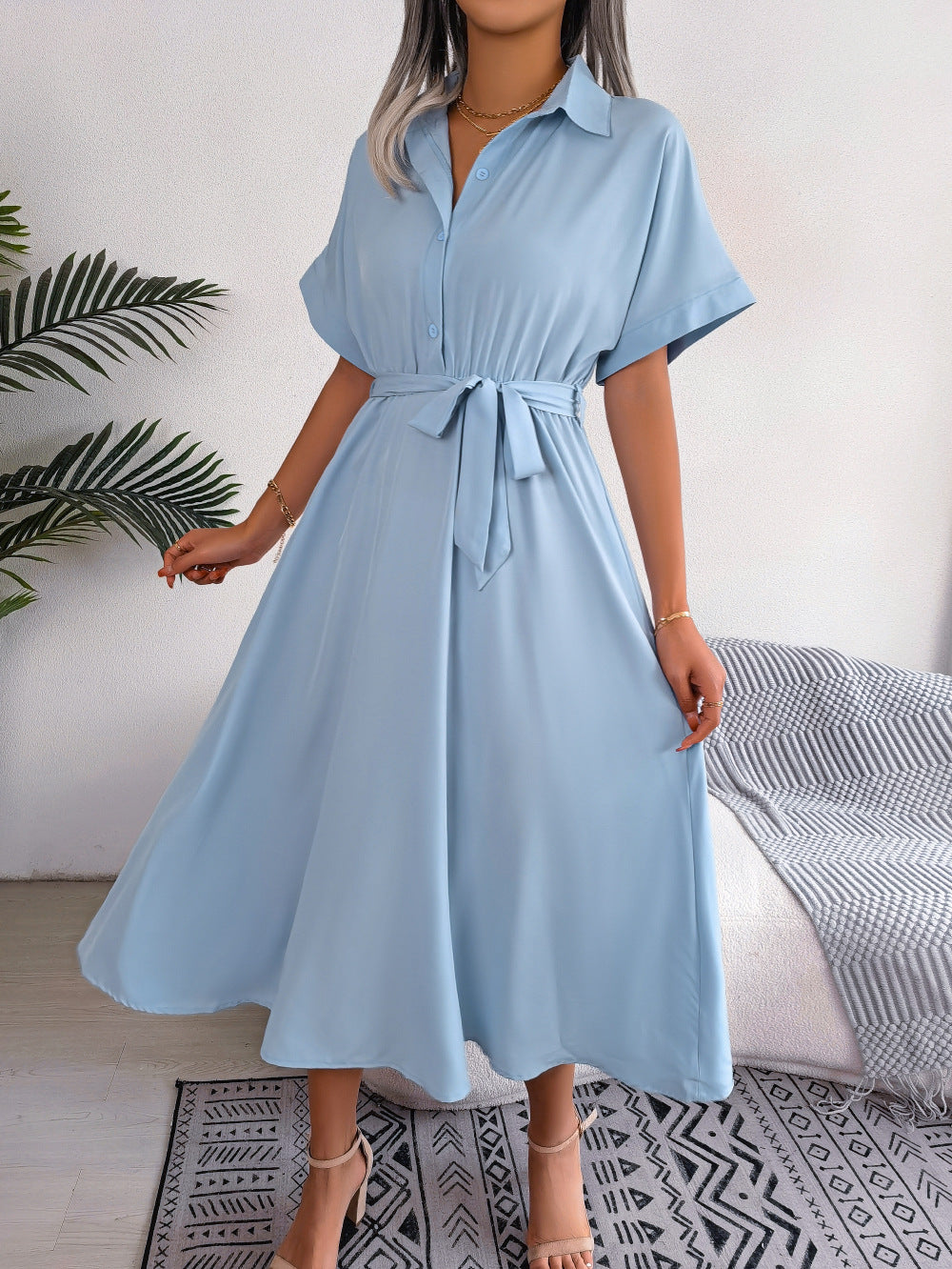 Short Sleeve Collared Tie Belt Dress - AllIn Computer