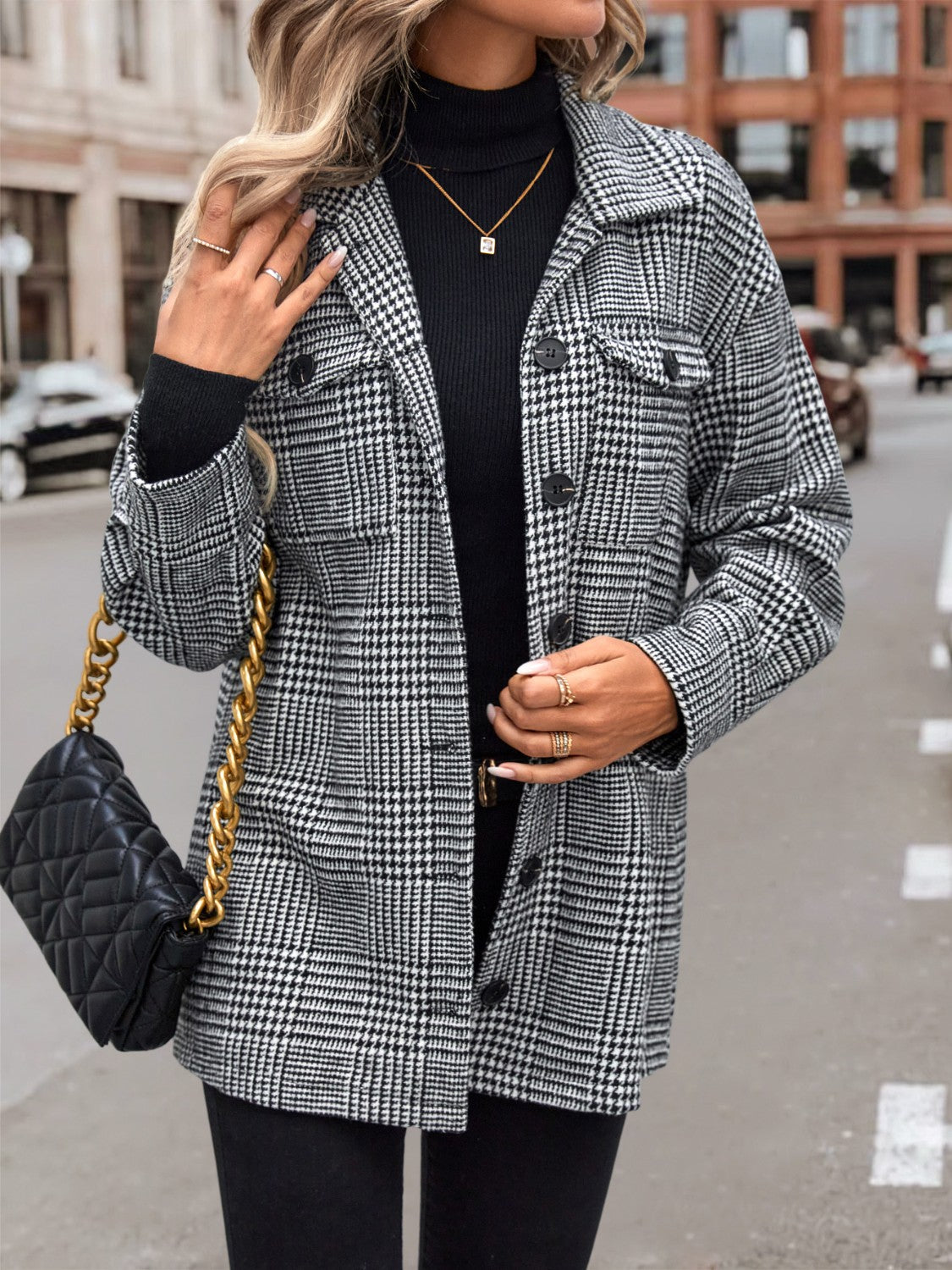 Houndstooth Drop Shoulder Collared Jacket - AllIn Computer