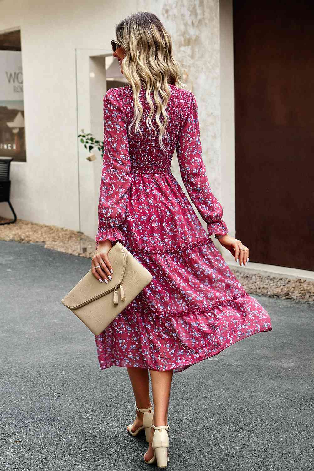 Smocked Flounce Sleeve Midi Dress - AllIn Computer