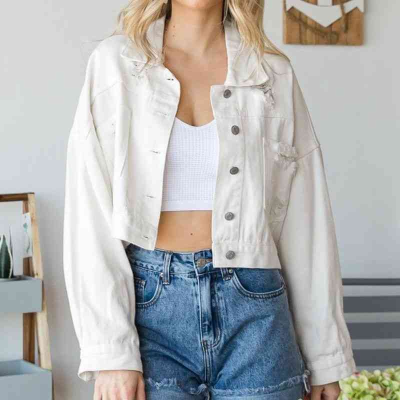 Cropped Collared Neck Dropped Shoulder Denim Jacket - AllIn Computer