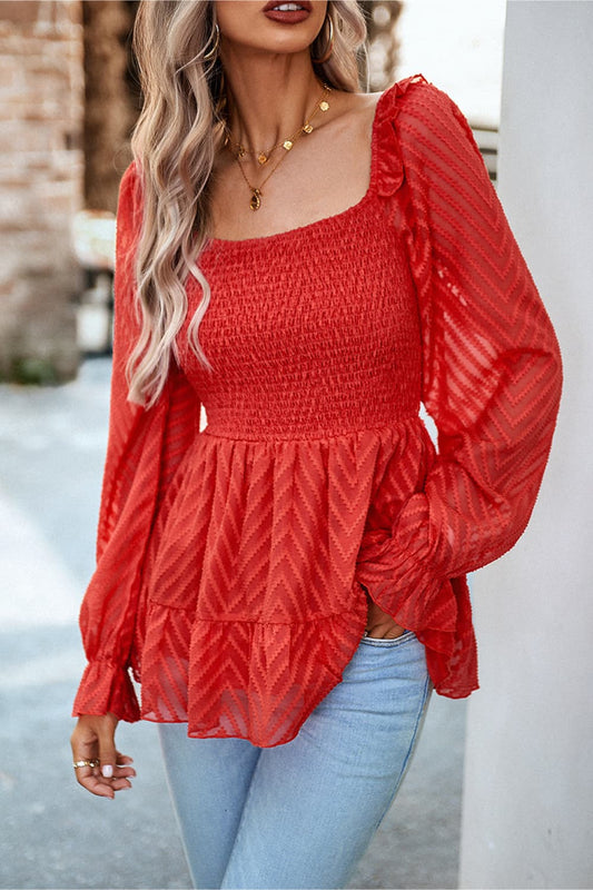 Square Neck Flounce Sleeve Peplum Top - AllIn Computer