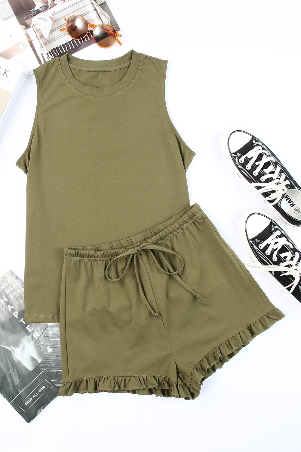 Round Neck Tank and Shorts Lounge Set - AllIn Computer