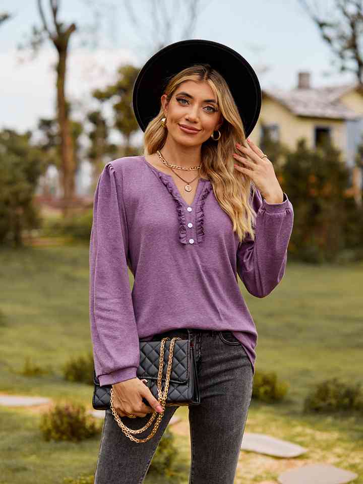 Puff Sleeve Ruffle Trim Blouse - AllIn Computer