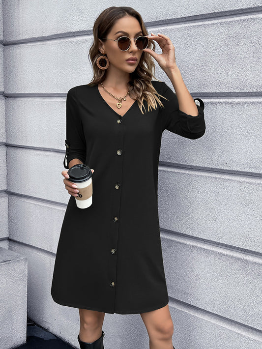 Button Down V-Neck Mini Dress - AllIn Computer