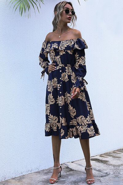 Ruffled Printed Off-Shoulder Midi Dress - AllIn Computer