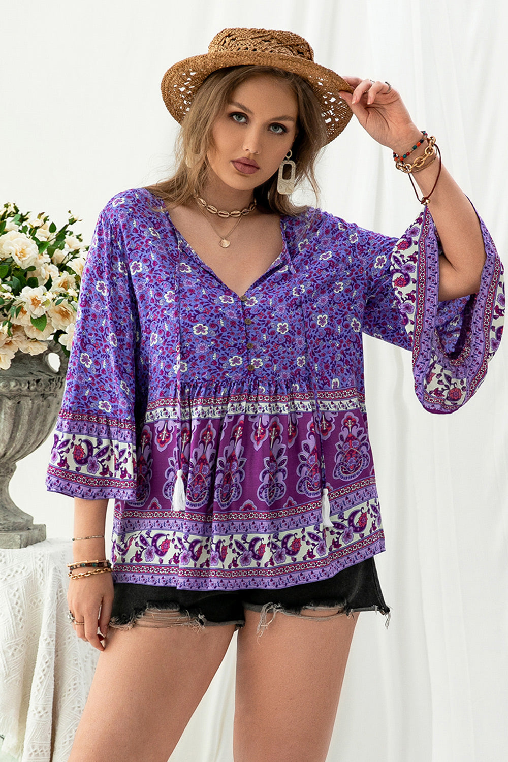 Plus Size Floral Tassel Tie Blouse - AllIn Computer