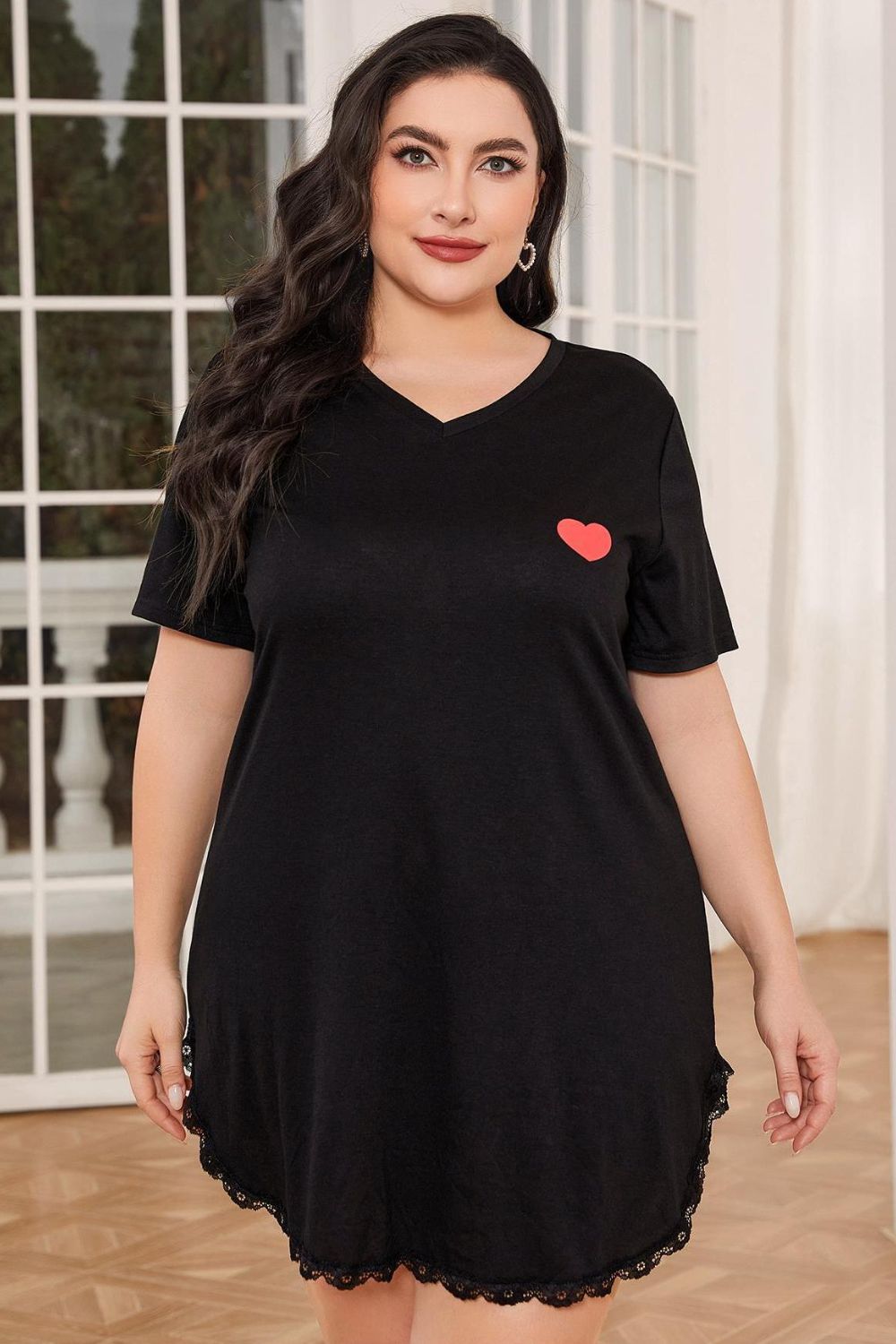 Plus Size Lace Trim V-Neck Short Sleeve Night Dress - AllIn Computer