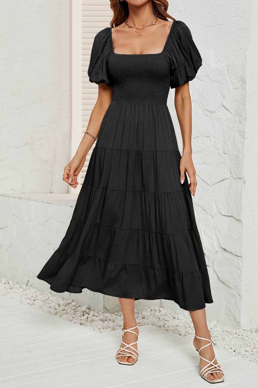 Smocked Square Neck Puff Sleeve Dress - AllIn Computer
