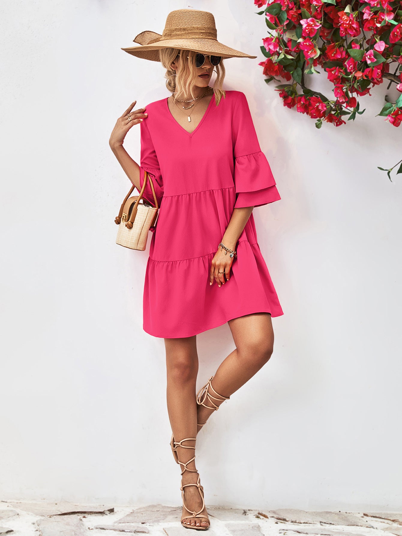 V-Neck Flare Sleeve Mini Dress - AllIn Computer