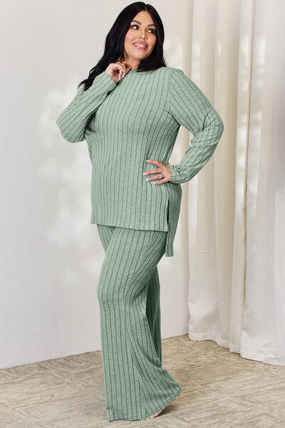Basic Bae Full Size Ribbed High-Low Top and Wide Leg Pants Set - AllIn Computer