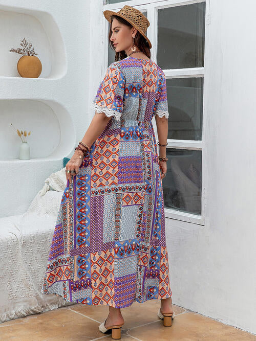 Double Take Plus Size Printed Lace Detail Short Sleeve Dress - AllIn Computer
