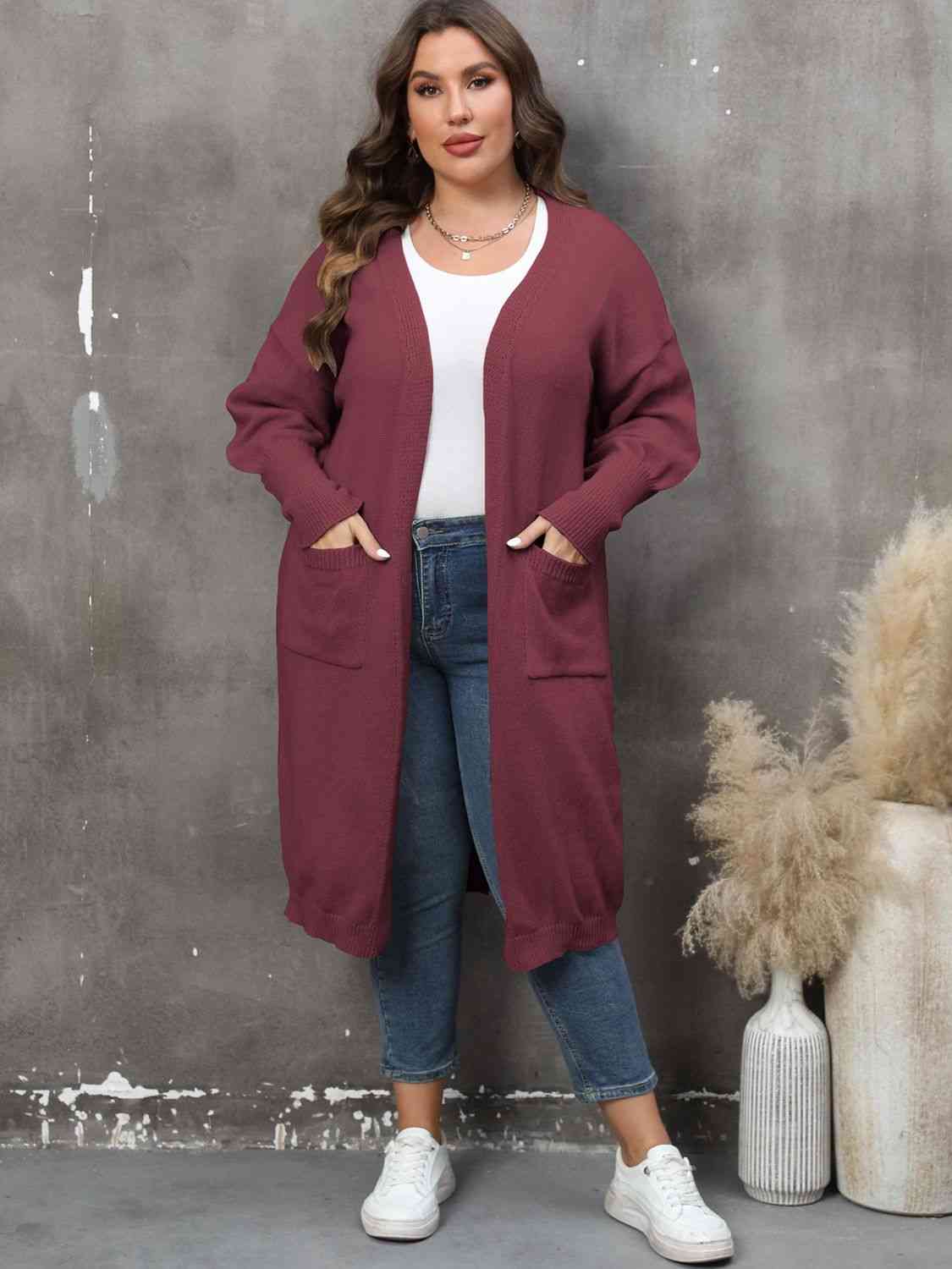 Plus Size Long Sleeve Pocketed Cardigan - AllIn Computer