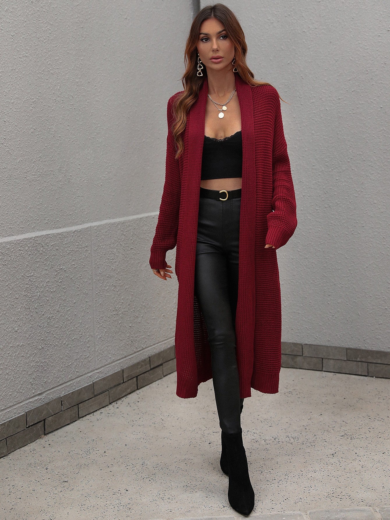 Double Take Waffle Knit Open Front Duster Cardigan With Pockets - AllIn Computer