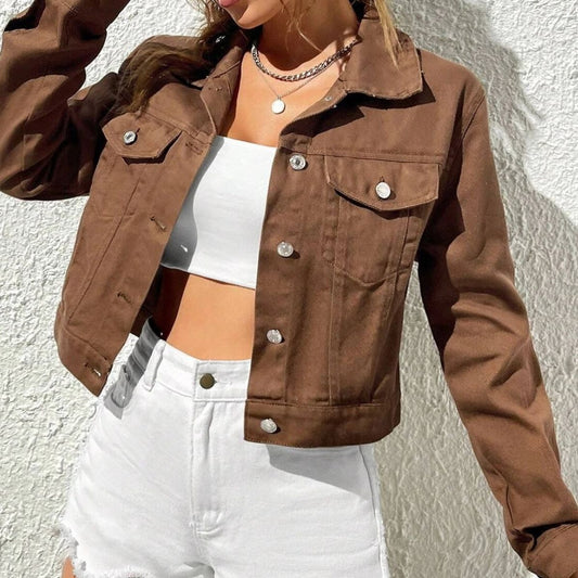 Collared Neck Long Sleeve Denim Jacket - AllIn Computer