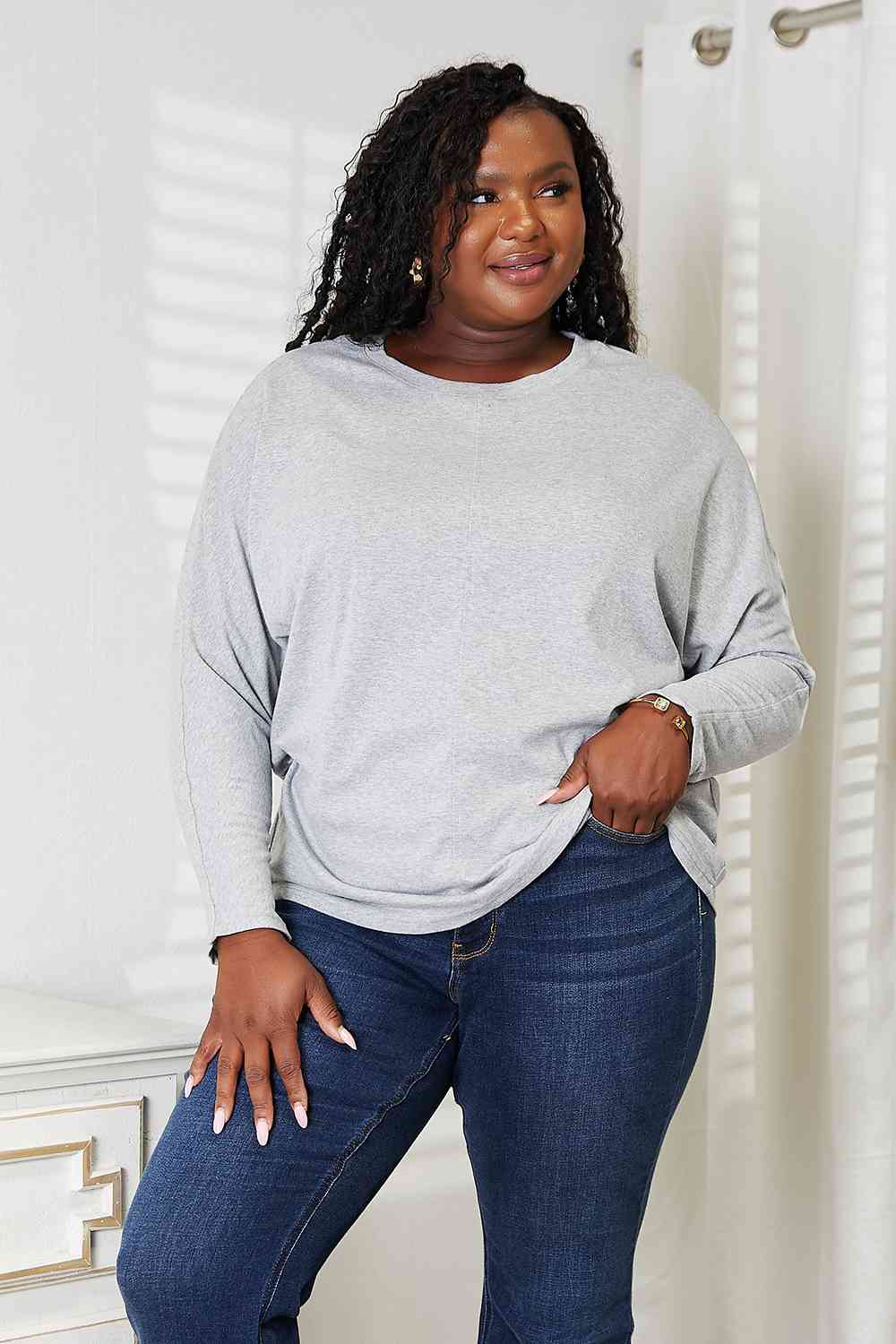 Double Take Seam Detail Round Neck Long Sleeve Top - AllIn Computer