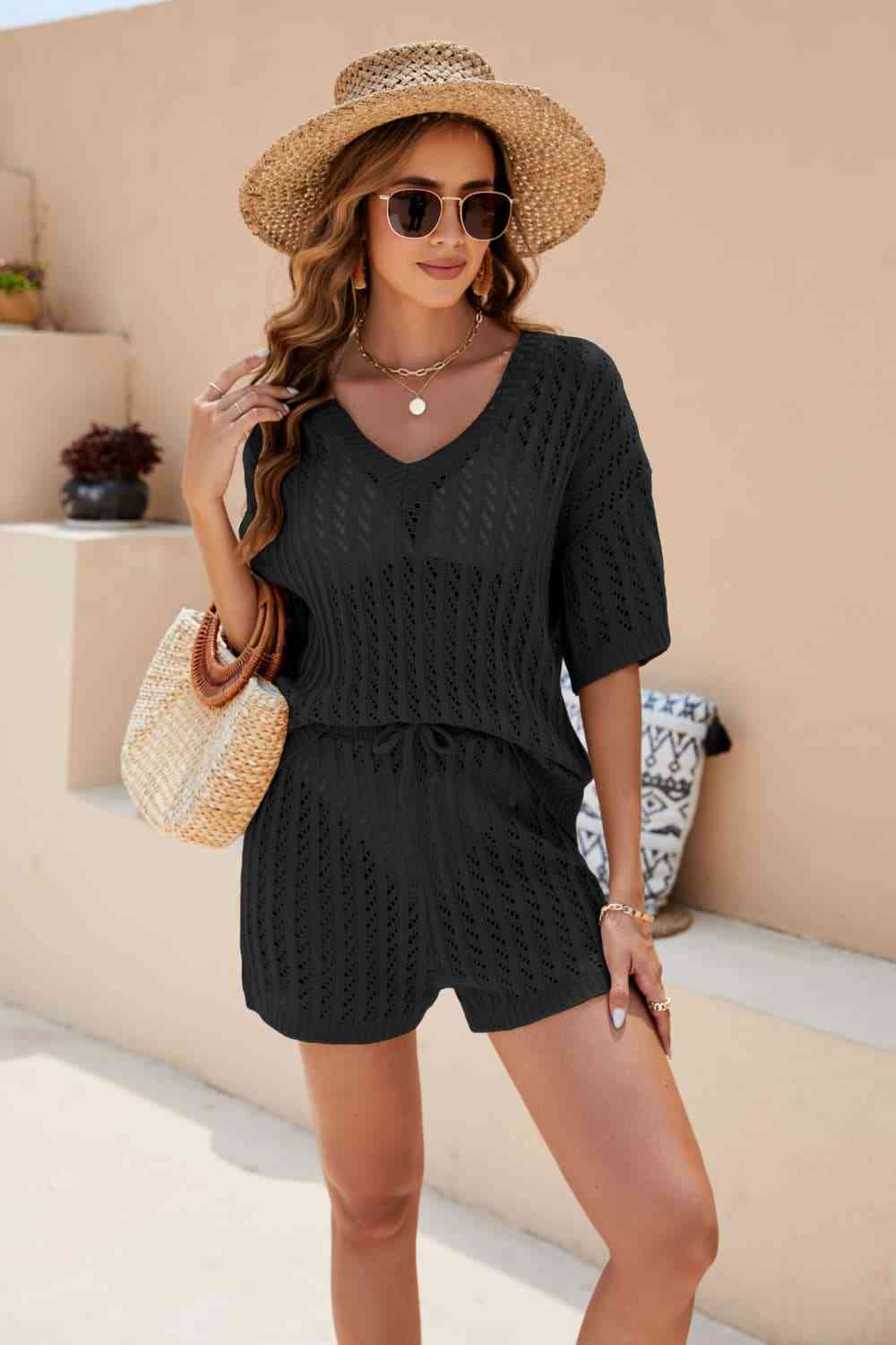 Openwork V-Neck Top and Shorts Set - AllIn Computer
