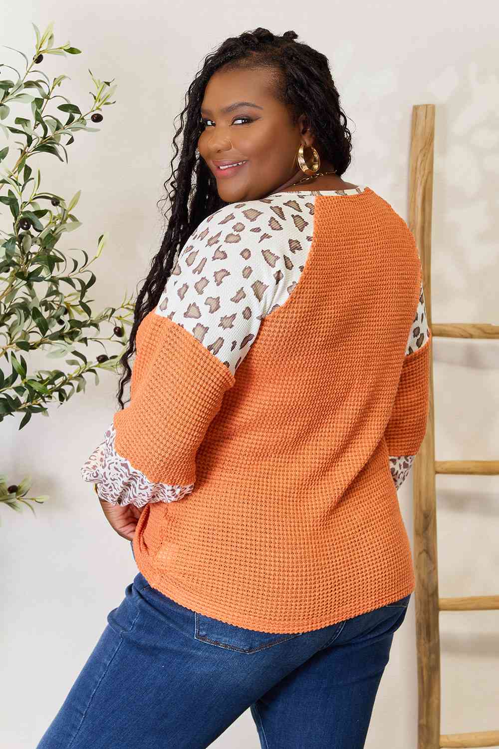 Double Take Leopard Waffle-Knit Long Sleeve Blouse - AllIn Computer
