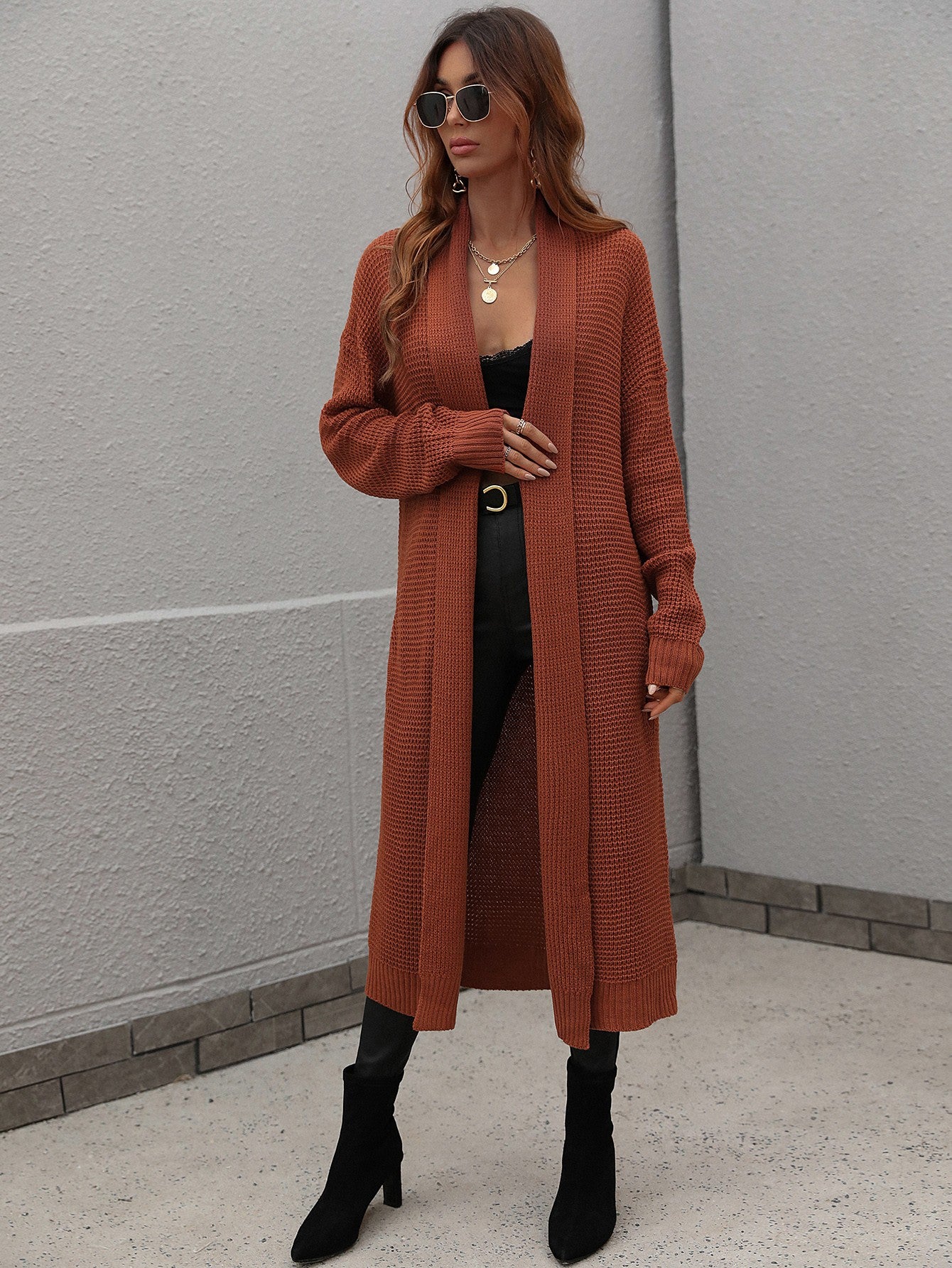 Double Take Waffle Knit Open Front Duster Cardigan With Pockets - AllIn Computer