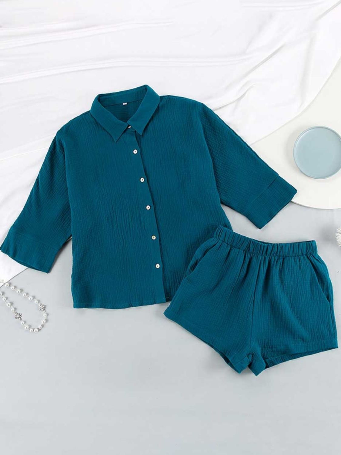 Texture Button Up Shirt and Shorts Set - AllIn Computer