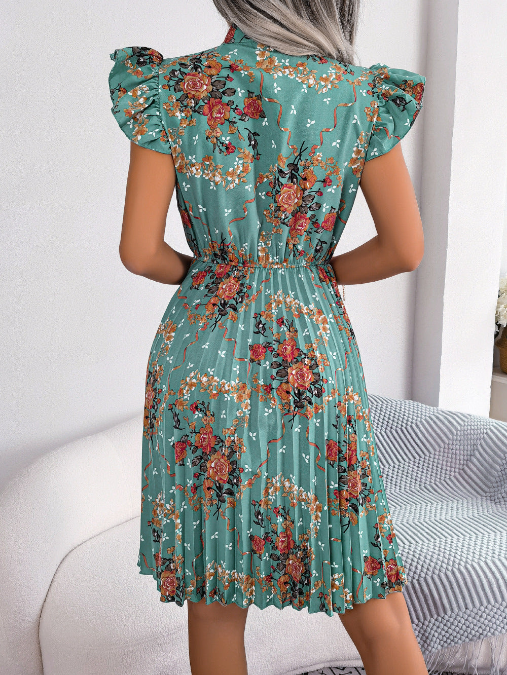 Pleated Floral Printed Tie Neck Knee Length Dress - AllIn Computer