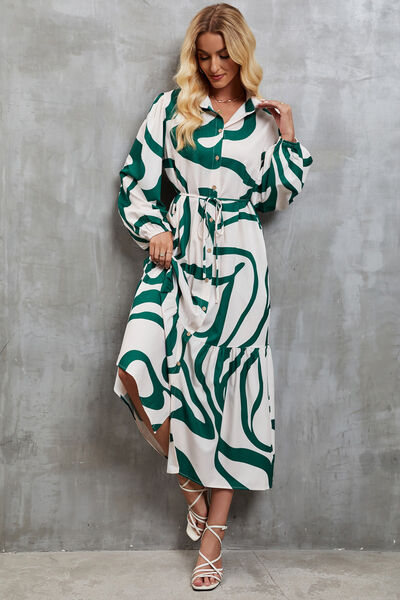 Tie-Waist Printed Button Up Dress - AllIn Computer