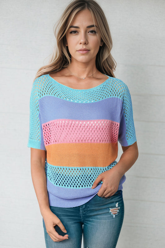 Color Block Openwork Round Neck Pullover Sweater - AllIn Computer