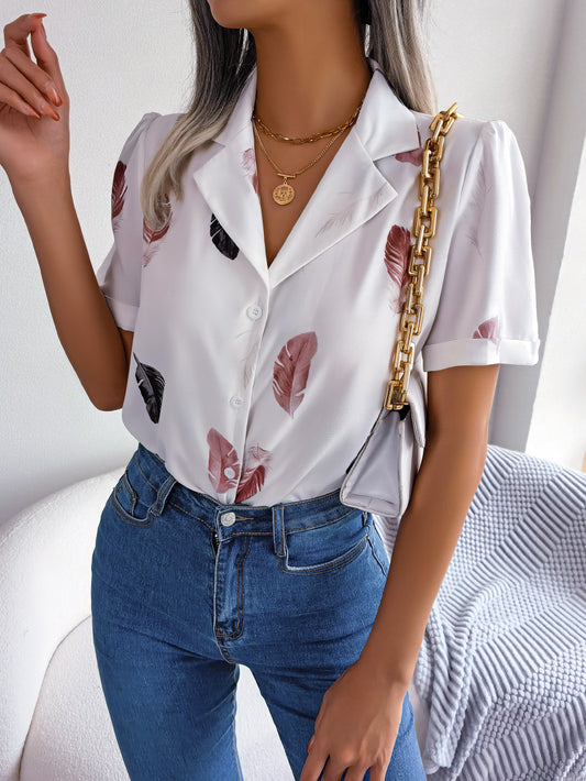 Feather Print Lapel Collar Puff Sleeve Shirt - AllIn Computer