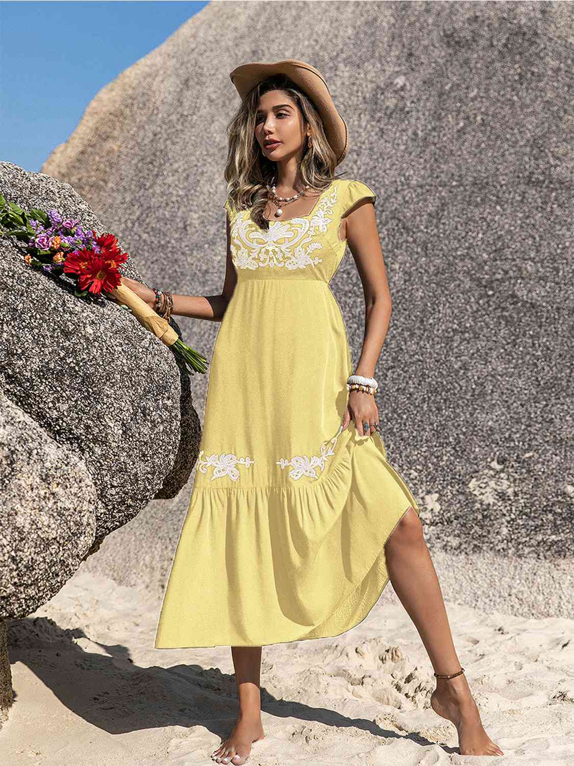 Embroidered Square Neck Ruffle Hem Dress - AllIn Computer