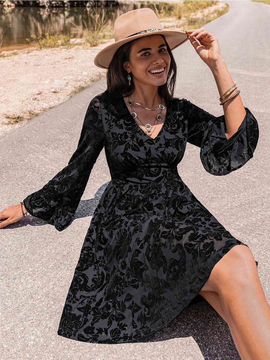 Floral V-Neck Flare Sleeve Mini Dress - AllIn Computer