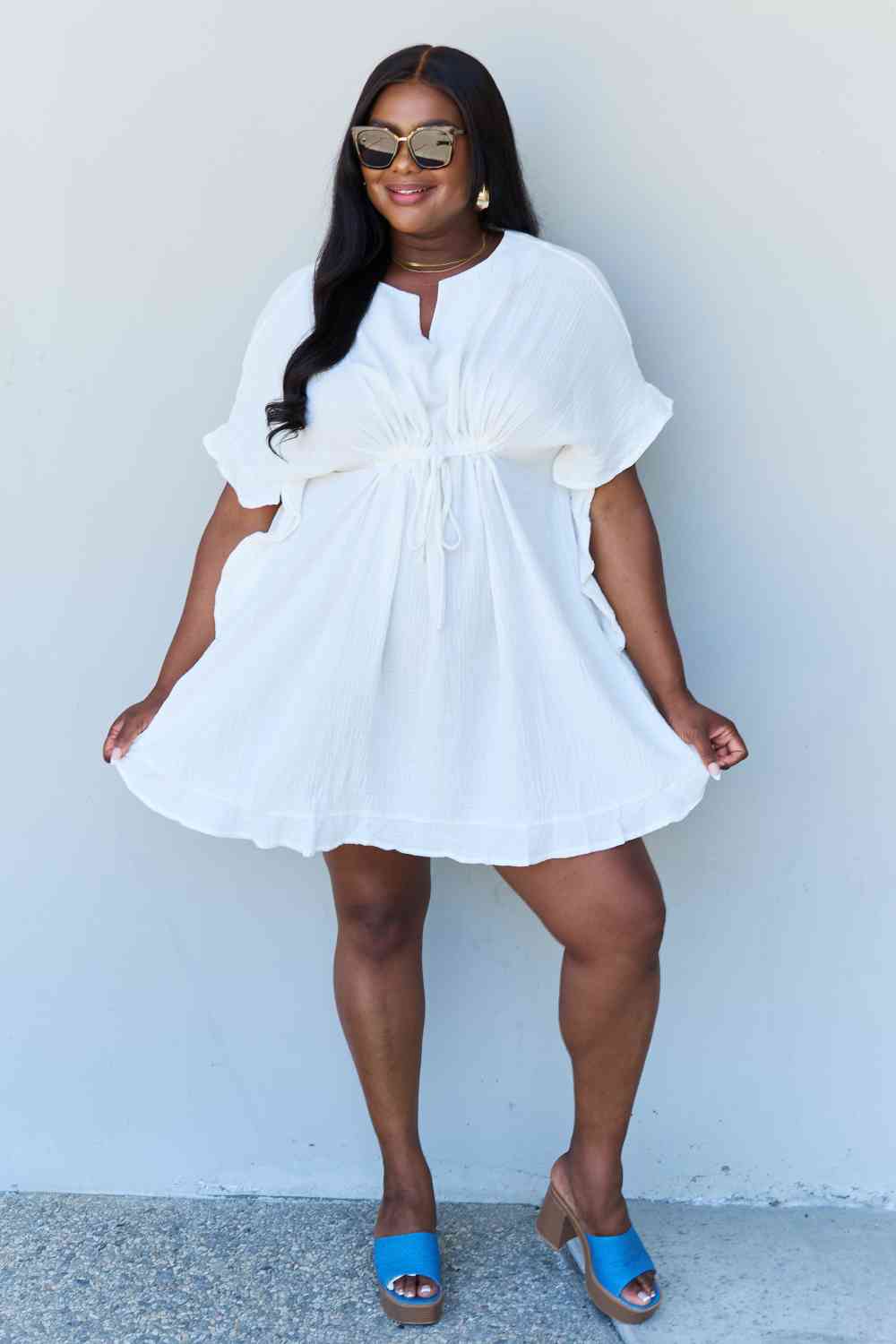 Ninexis Out Of Time Full Size Ruffle Hem Dress with Drawstring Waistband in White - AllIn Computer