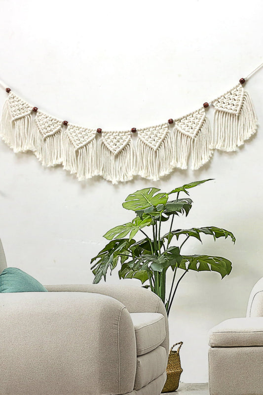 Beaded Trim Macrame Fringe Hanging Wall Piece - AllIn Computer