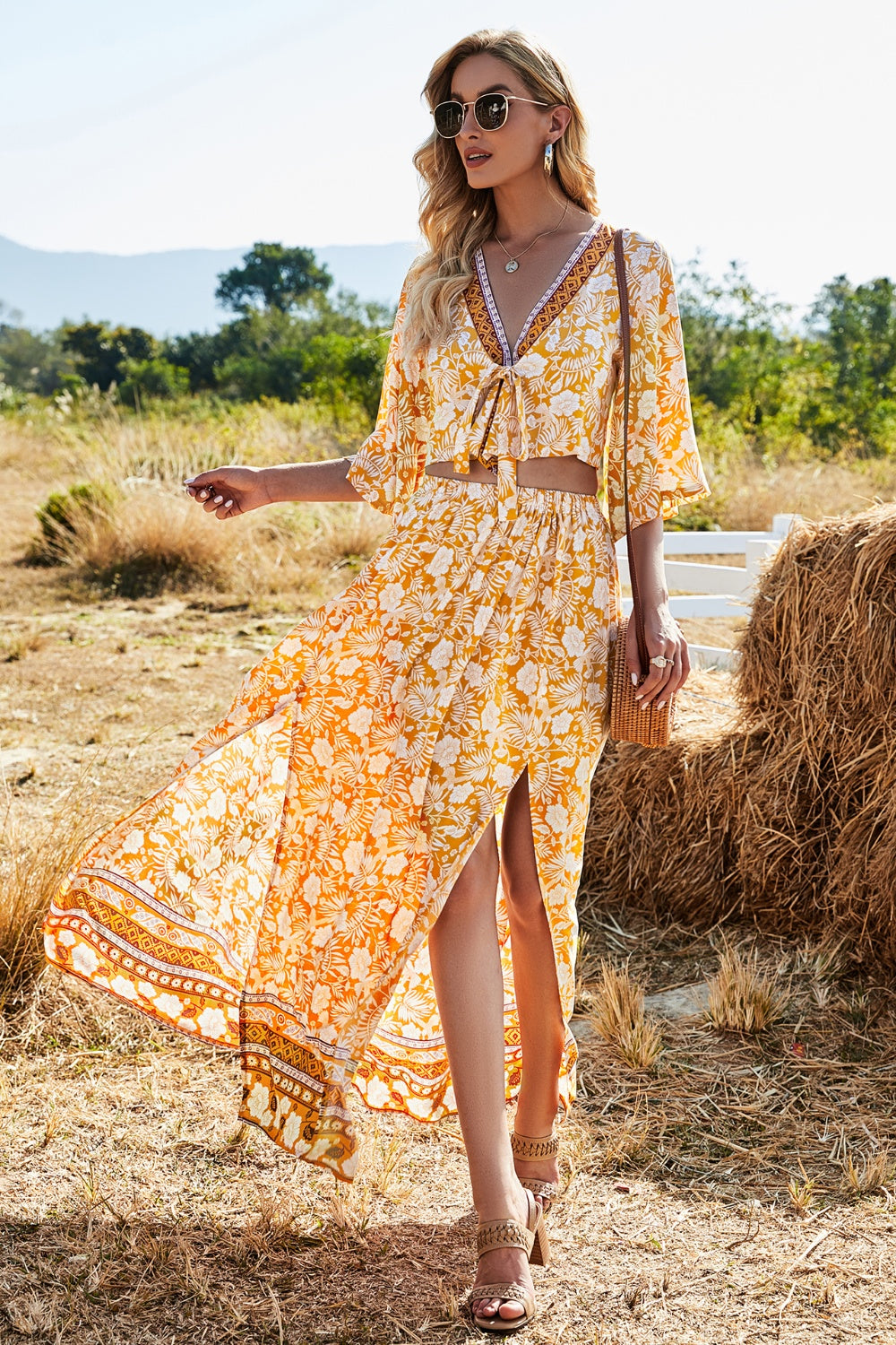 Printed Half Sleeve Top and Slit Skirt Set - AllIn Computer