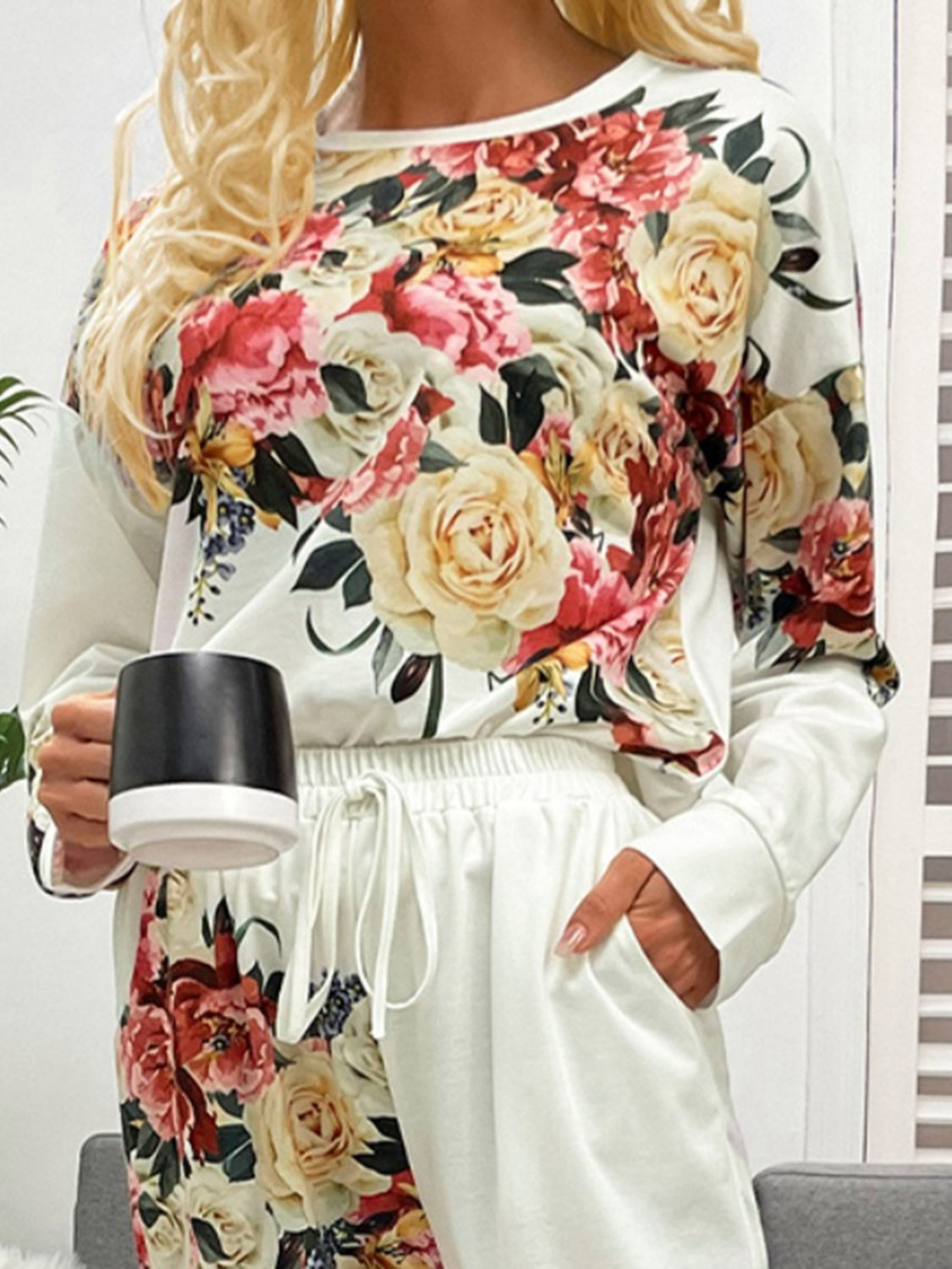 Printed Round Neck Top and Pants Lounge Set - AllIn Computer