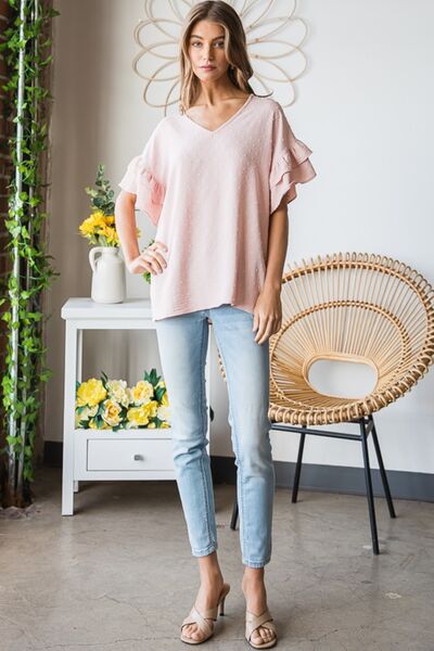 Heimish Full Size Swiss Dot Ruffle Short Sleeve Top - AllIn Computer
