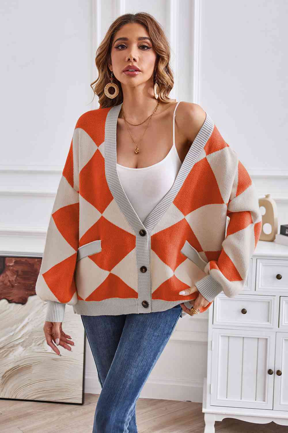 Geometric Lantern Sleeve Cardigan with Pockets - AllIn Computer