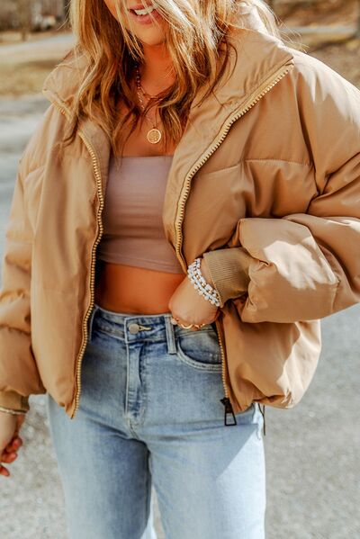 Zip Up Collared Neck Coat with Pockets - AllIn Computer