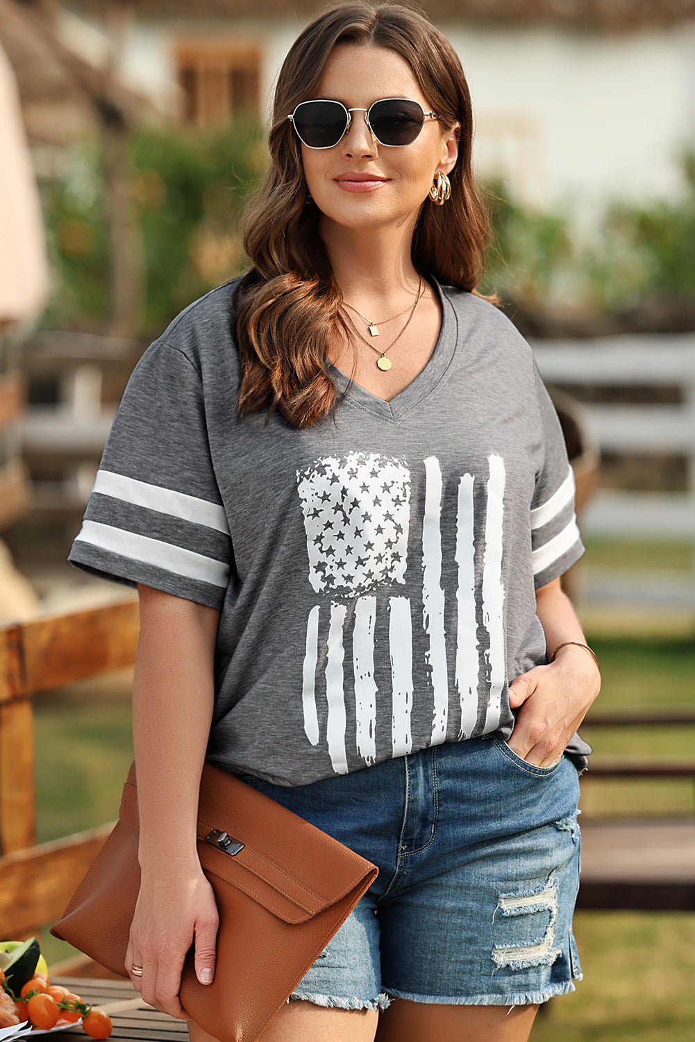 Plus Size US Flag Graphic V-Neck Tee - AllIn Computer